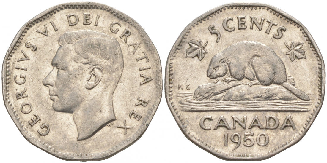 Канада 5 центов 1950 бобр, Георг VI (1937-1952) KM 42 никель 73-1336