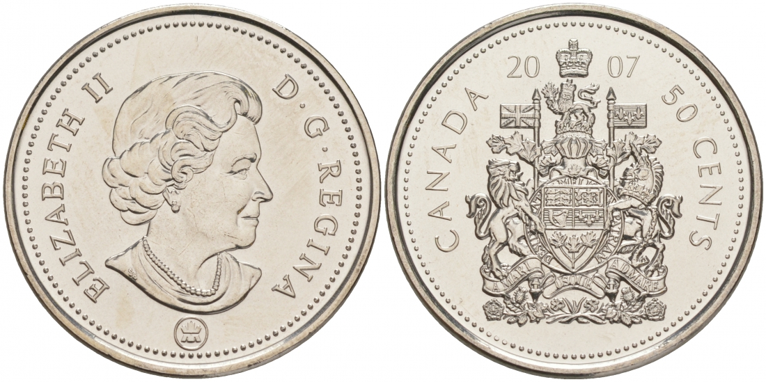 Канада 50 центов 2007 Елизавета II (1952-2022), герб KM 494 никелированная сталь UNC M32-04