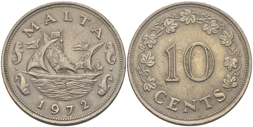 Мальта 10 центов 1972 баржа Великого магистра KM 11 медно-никель 82-615