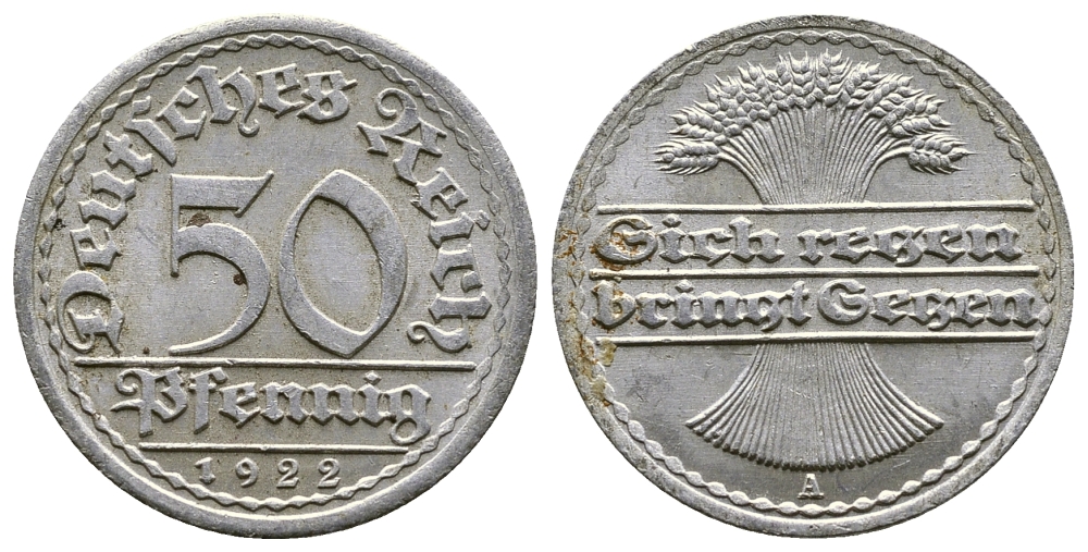 ГЕРМАНИЯ 50 ПФЕННИГОВ 1922 A KM 27, J. 301, Weege 10 алюминий 4380-856