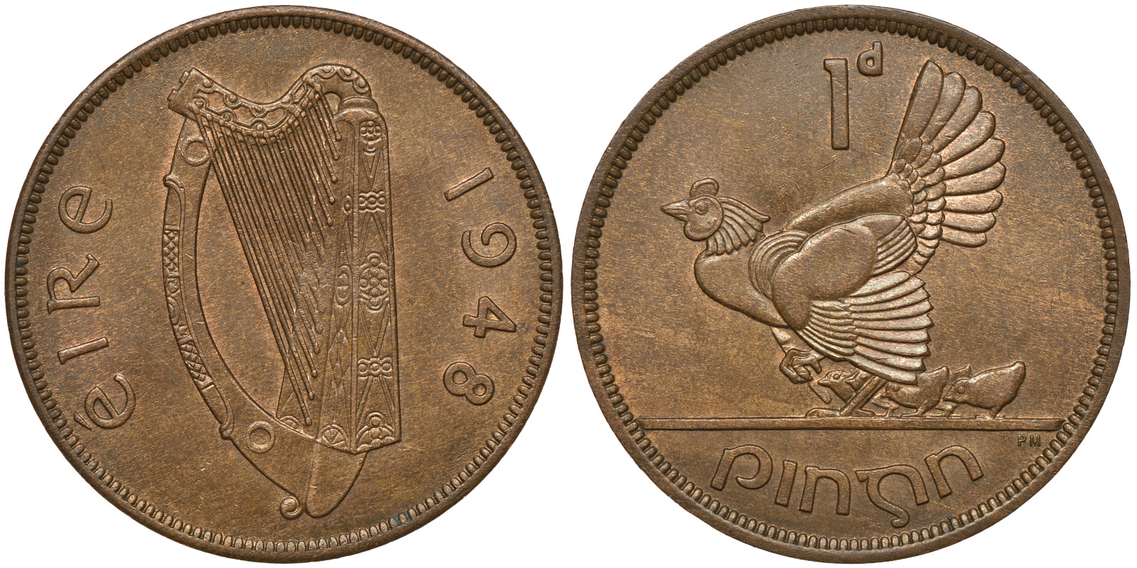 ИРЛАНДИЯ 1 ПЕННИ 1948 КУРИЦА С ЦЫПЛЯТАМИ KM 11 бронза 4389-746