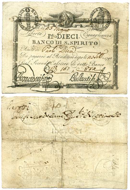Италия 10 Паоли = 100 Байоччи 1798 3 августа 1798, Prima repubblica Romana, Banco Di S.Spirito Pick S525 бумага 8612-64-1