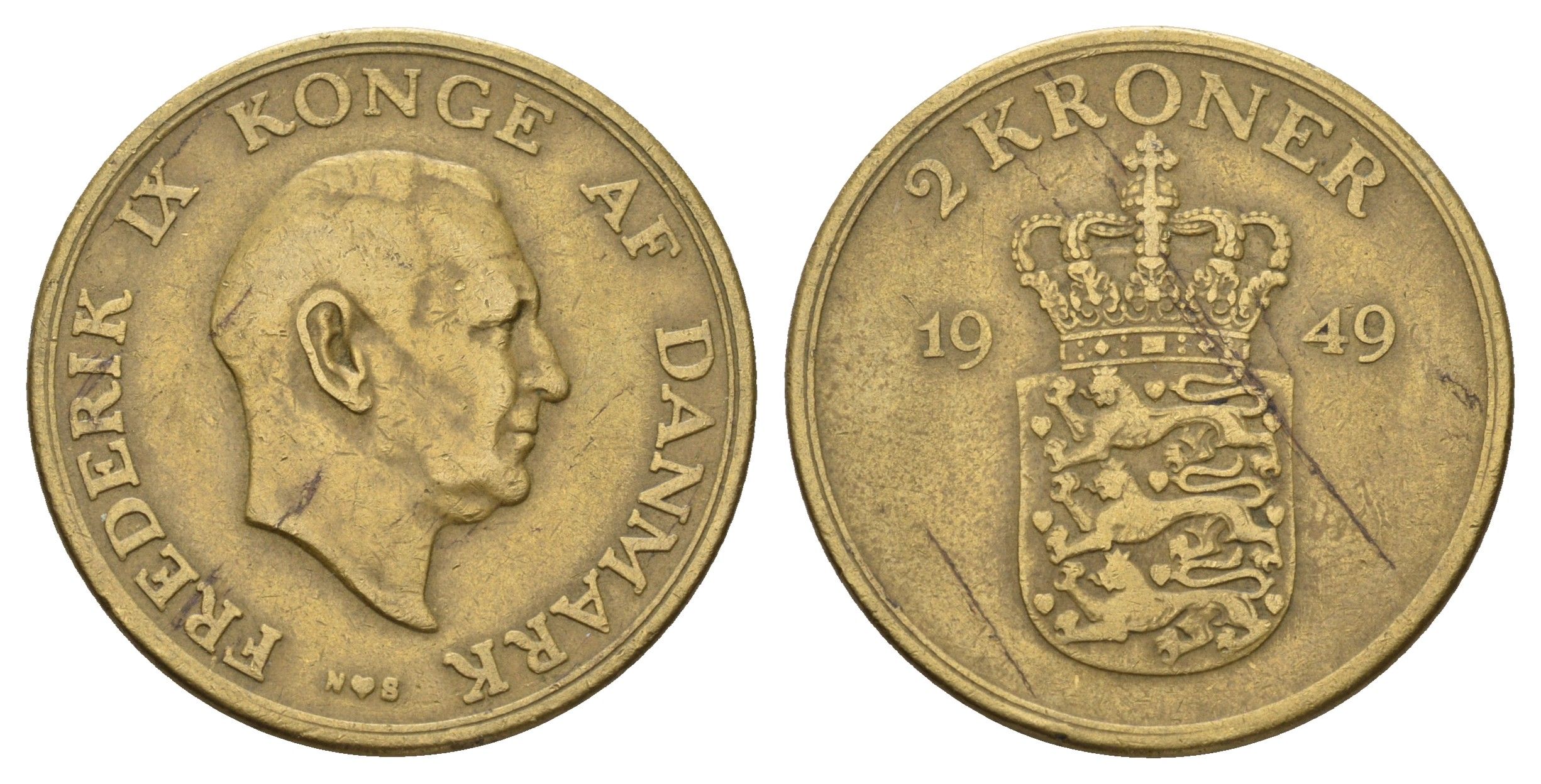 Дания 2 кроны 1949 N, Фредерик IX (1947-1972) KM 838 алюминиевая бронза 79-436