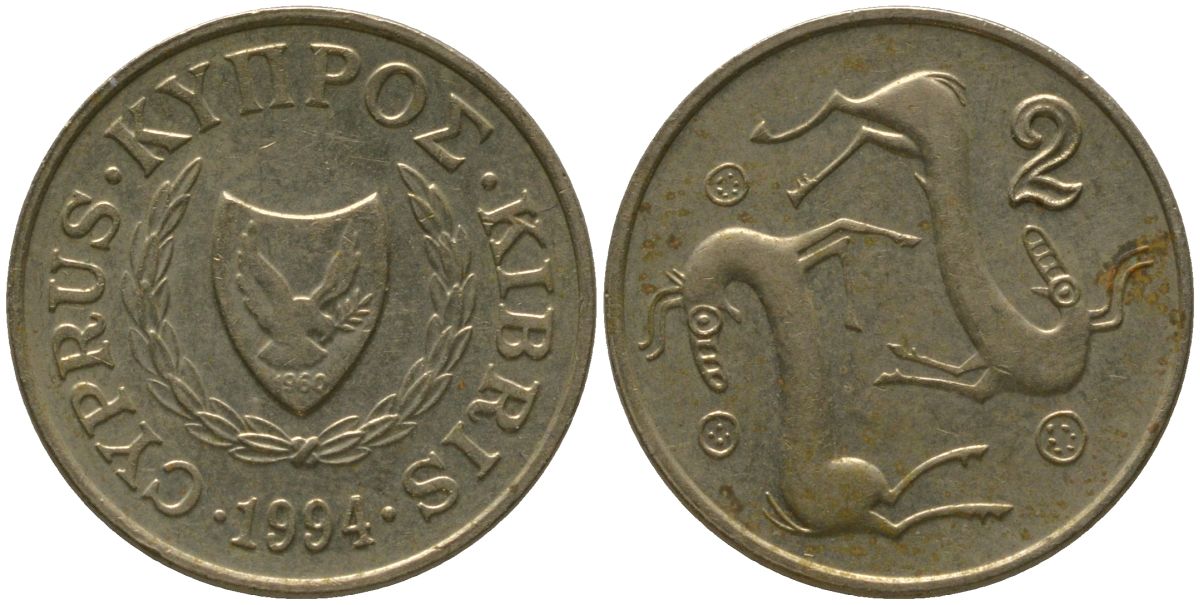 Кипр 2 цента 1994 KM 54.3 никель латунь 4158-462