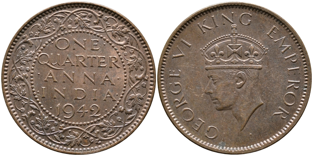 Британская Индия 1/4 анна 1942 Георг VI (1937-1952) KM 531 бронза aUNC 89-124