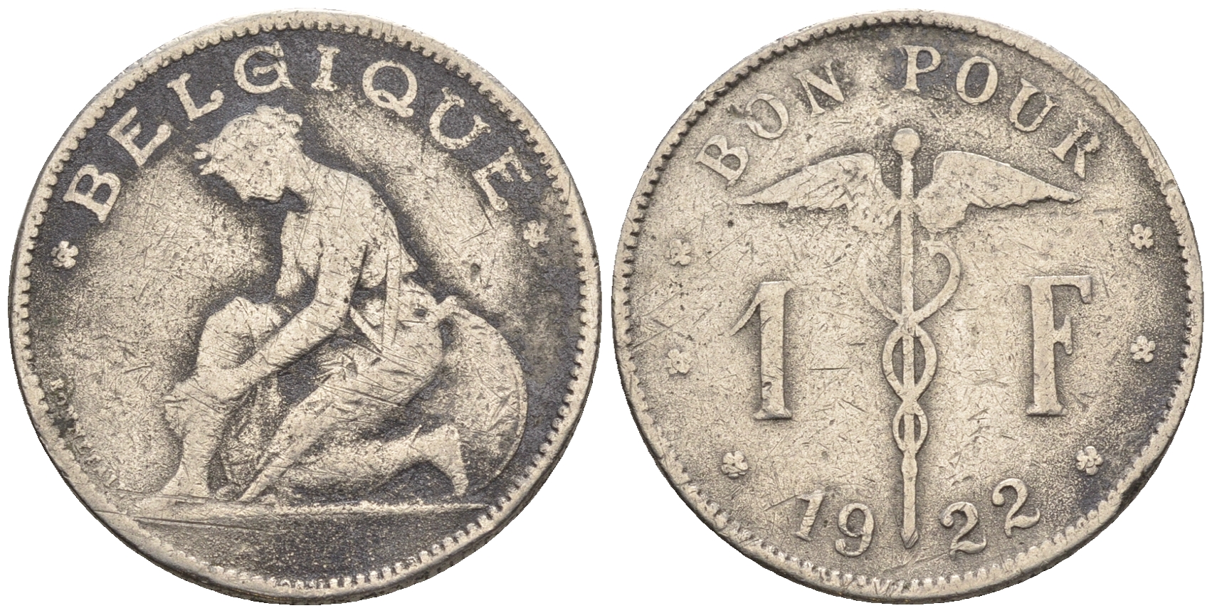 Бельгия 1 франк 1922 Belgique, Альберт I (1910-1934) KM 89 никель 85-623