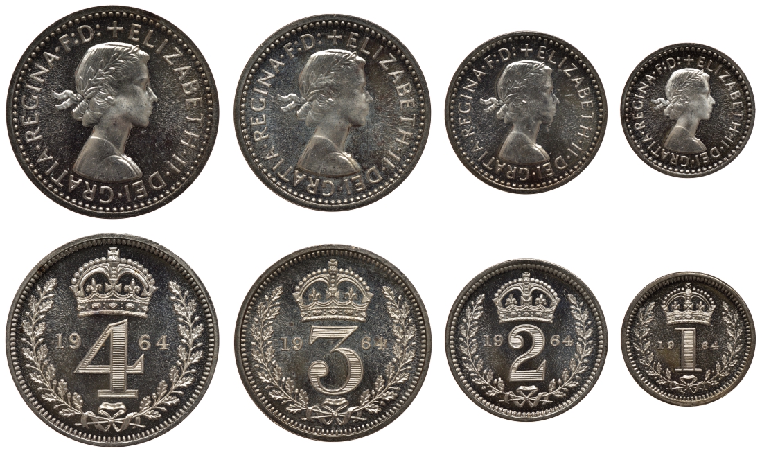 Великобритания набор из 4 монет 1964 1, 2, 3 и 4 пенса, Елизавета II (1952- ), Манди сет KM MDS 223, S 4131, ESK 2581 серебро PROOF 00-821-20