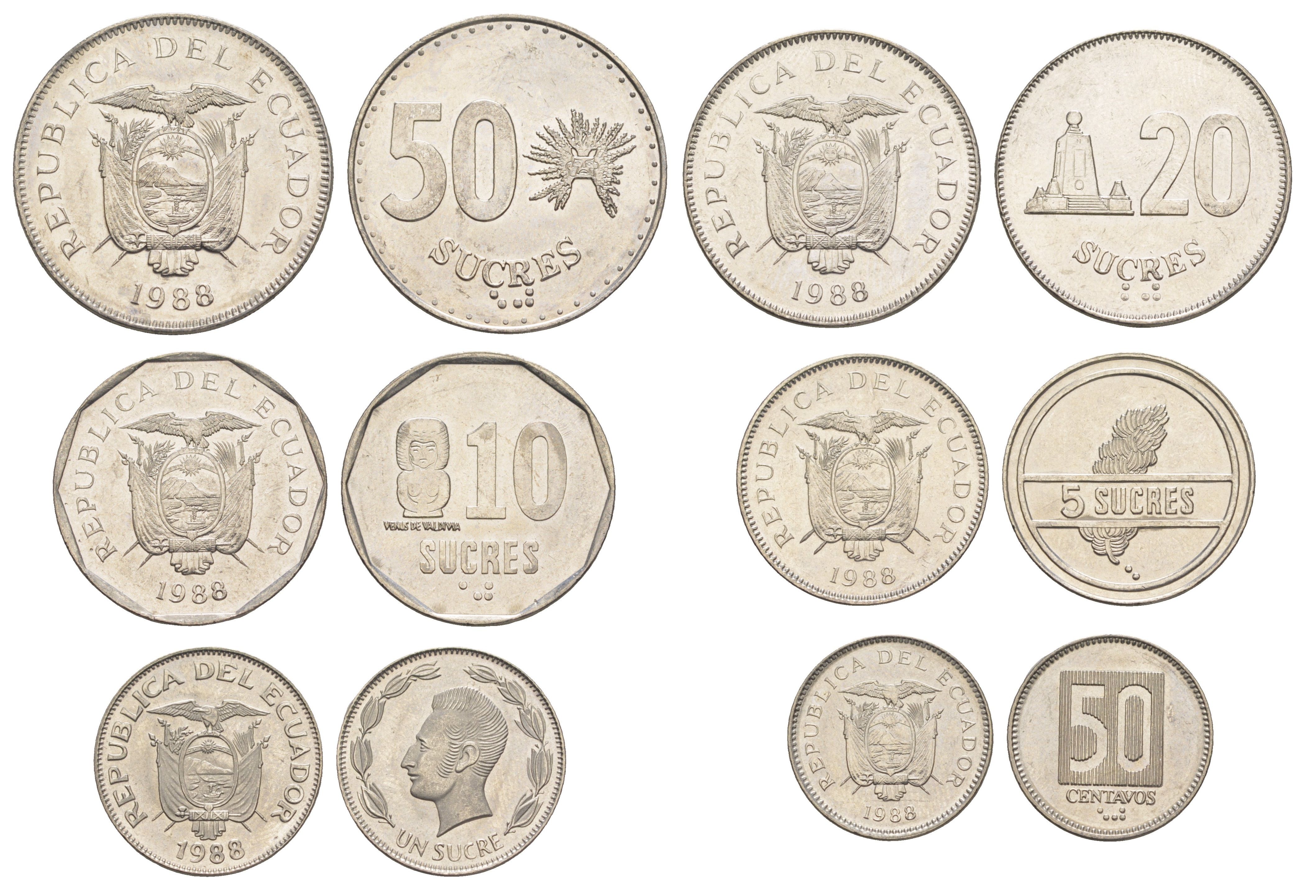 Эквадор набор из 6 монет (1, 5, 10, 20, 50 и 100 сукре) 1988 KM 89, 90, 91, 92, 93 и 94 UNC 4652-1053-1057