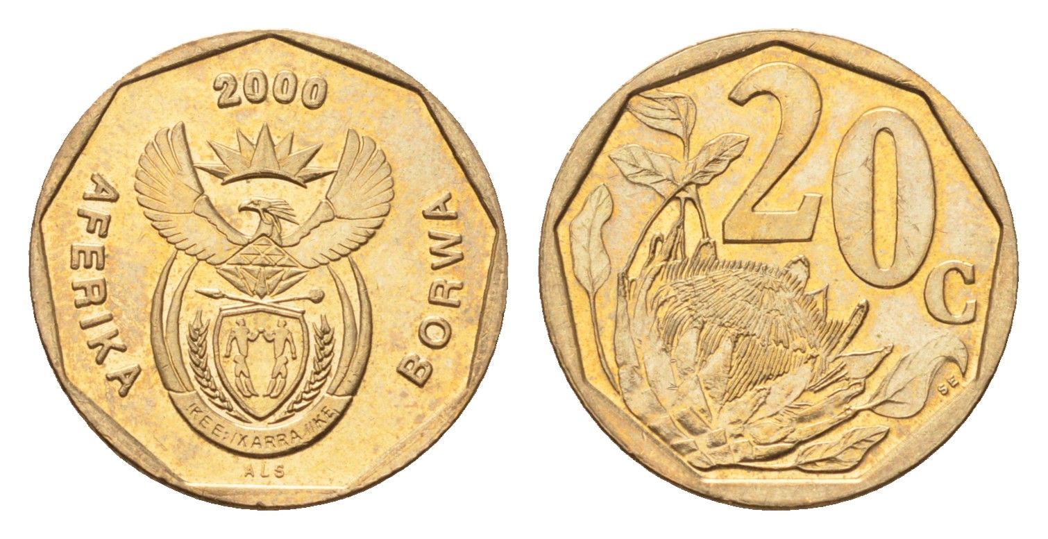 ЮАР 20 центов 2000 герб, цветок протея KM 225 сталь плакированная латунью UNC 4694-917