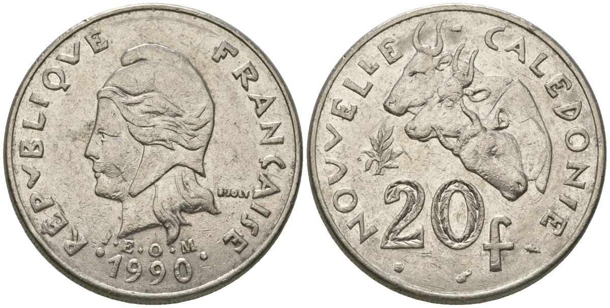 Французская Новая Каледония 20 франков 1990 три быка, (IEOM) KM 12, Schoen 14, Lec 113 никель 72-245