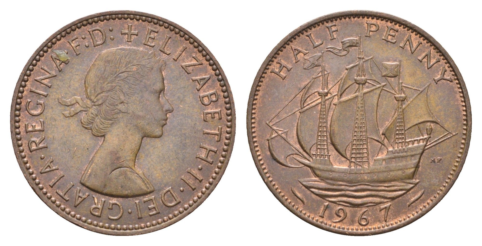 Великобритания 1/2 пенни 1967 Елизавета II (1952-2022) KM 896, Spink 4158 бронза 4663-125