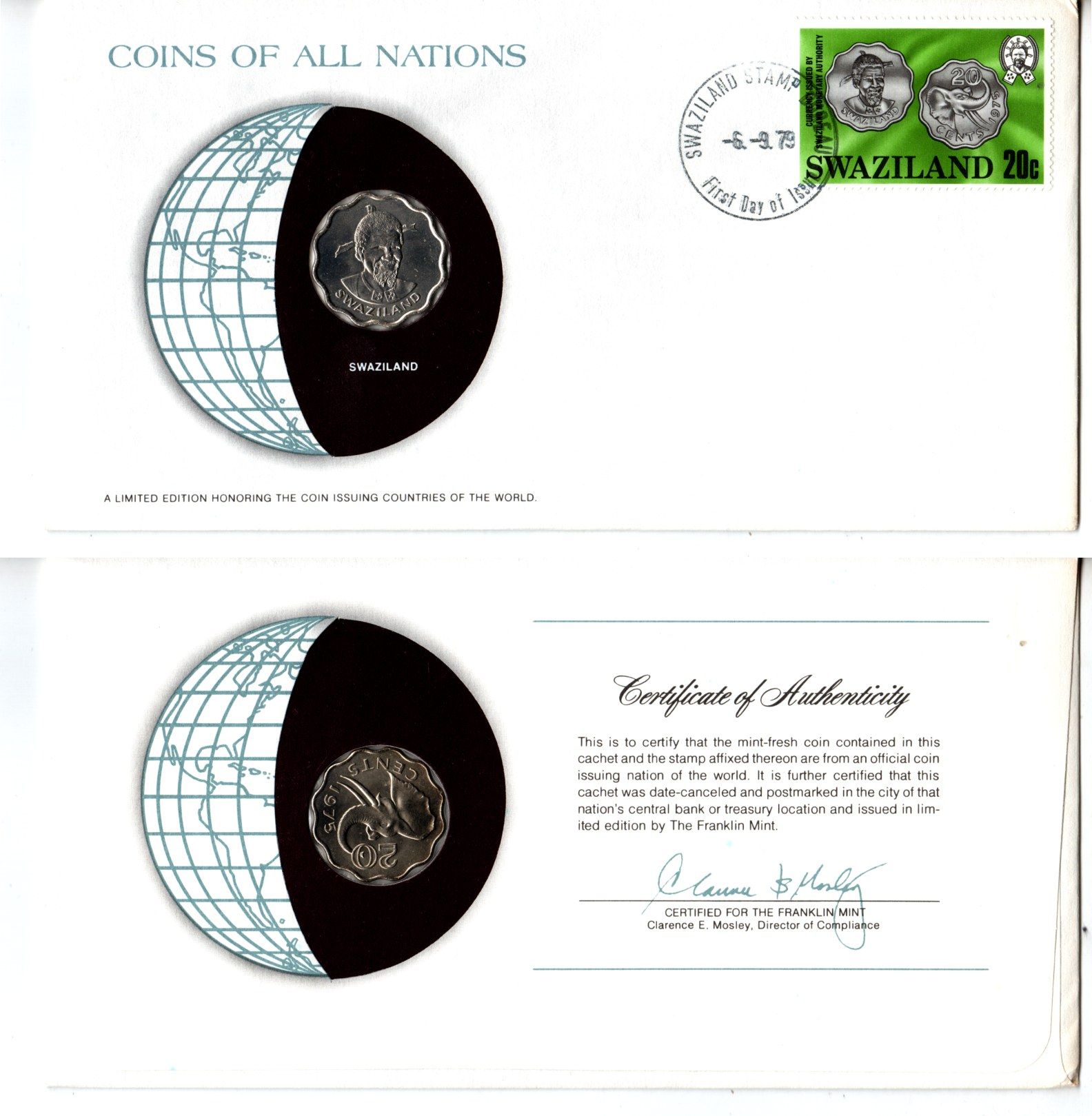 Свазиленд 20 центов 1975 конверт с маркой первого дня гашения, Coins of Nations KM 11 медно-никель UNC 4294-55-3