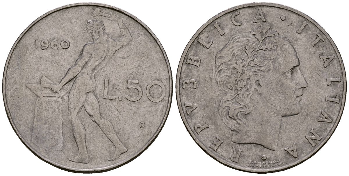Италия 50 лир 1960 бог огня Вулкан у наковальни, редкий год по Краузе KM 95.1 нержавеющая сталь 4176-234