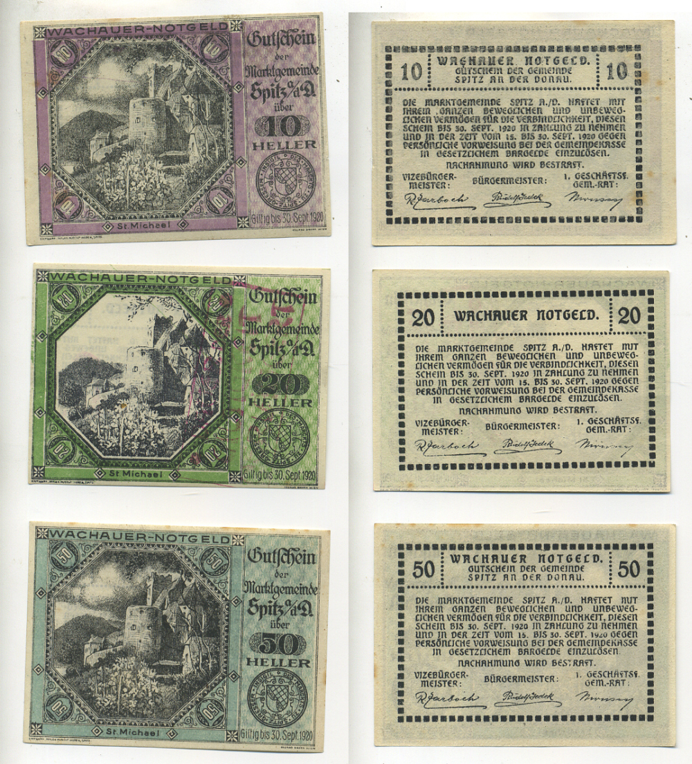 АВСТРИЯ, ВАЧАУ НАБОР ИЗ 3 БАНКНОТ 1920 30 СЕНТЯБРЯ 1920, НОТГЕЛЬД, 10, 20, 50 ГЕЛЛЕРОВ, SPITZ A/D DONAU, ПЕРВЫЙ ВЫПУСК, ЗАМОК ST/ MICHEL бумага aUNC 70-21-1