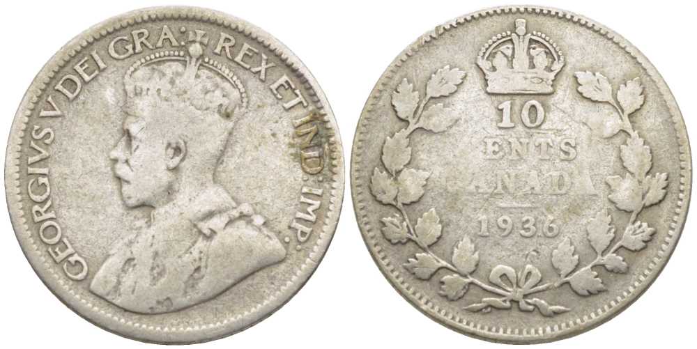 КАНАДА 10 ЦЕНТОВ 1936 ГЕОРГ V KM 23а серебро 116-855