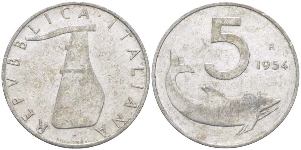ИТАЛИЯ 5 ЛИР 1954 R, РУЛЬ, ДЕЛЬФИН KM 92 алюминий 65-716