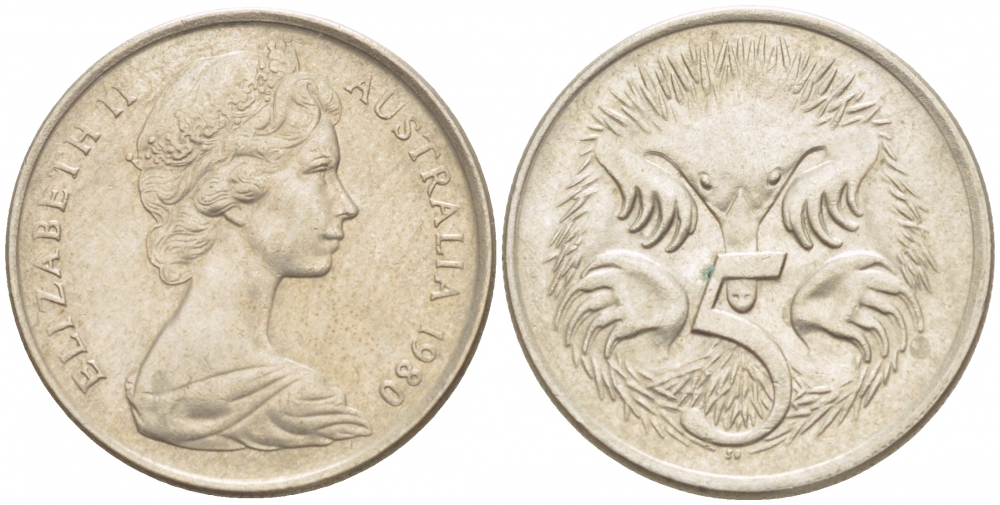 АВСТРАЛИЯ 5 ЦЕНТОВ 1980 ЕЛИЗАВЕТА II, МОЛОДОЙ ПОРТРЕТ, ЕХИДНА KM 64 медно-никель 4532-561