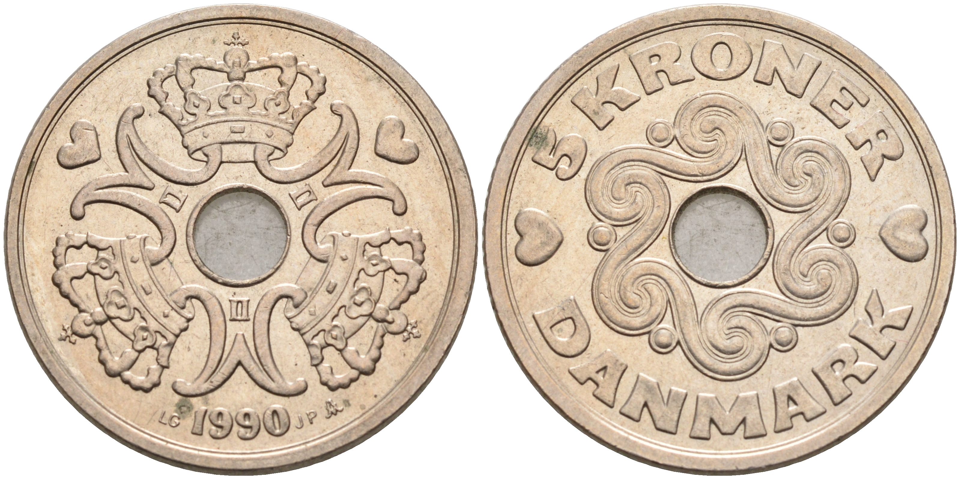 ДАНИЯ 5 КРОН 1990 LG; JP; A, МАРГРЕТЕ II (1972-) KM 869.1 медно-никель 75-345