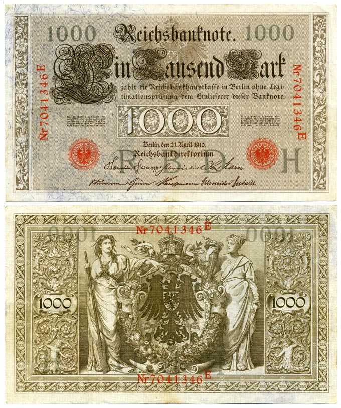 ГЕРМАНИЯ 1000 МАРОК 1910 21 АПРЕЛЯ 1910, КРАСНАЯ ПЕЧАТЬ, СЕМИЗНАЧНЫЙ НОМЕР Pick 44b бумага 7198-33-2-2