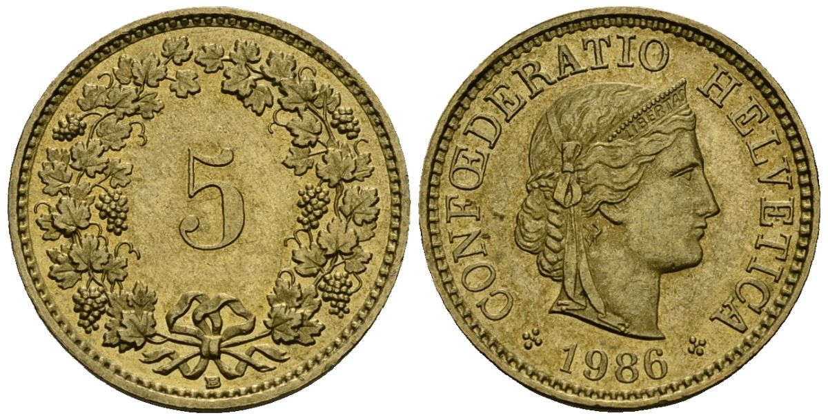 Швейцария 5 раппенов 1988 KM 26c алюминиевая бронза 4173-1054