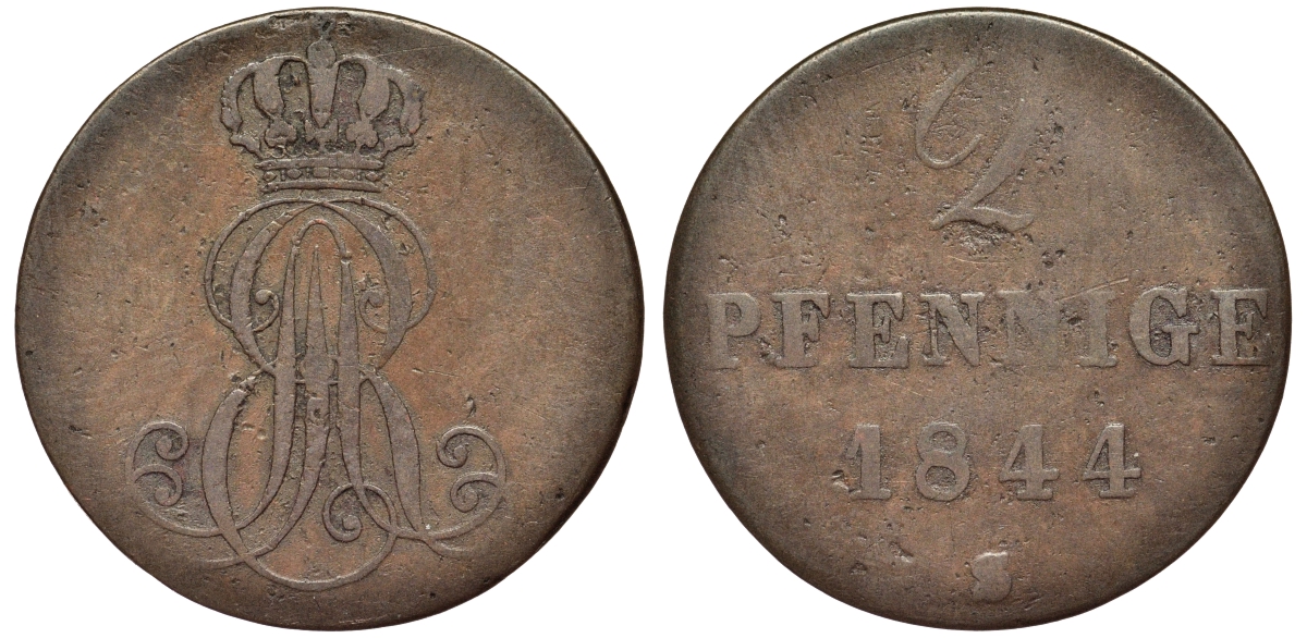 Ганновер 2 пфеннига 1844 S, Эрнст Август (1837-1851) KM 174.2, AKS 123, J. 55 медь 75-1814