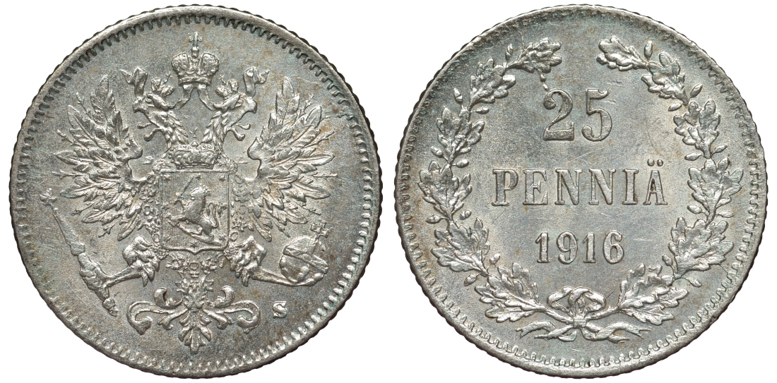 Россия для Финляндии 25 пенни 1916 S, Николай II (1894-1917) KM 6.2, Биткин 421 серебро 75-1316