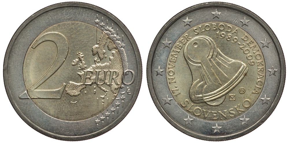 Словакия 2 евро 2009 20 лет Бархатной Революции, колокол KM 107 биметалл 3856-651