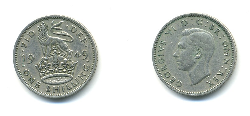 Великобритания 1 шиллинг 1949 Георг VI (1936-1952), Английский герб KM 876, Spink 4108 медно-никель 80-1055