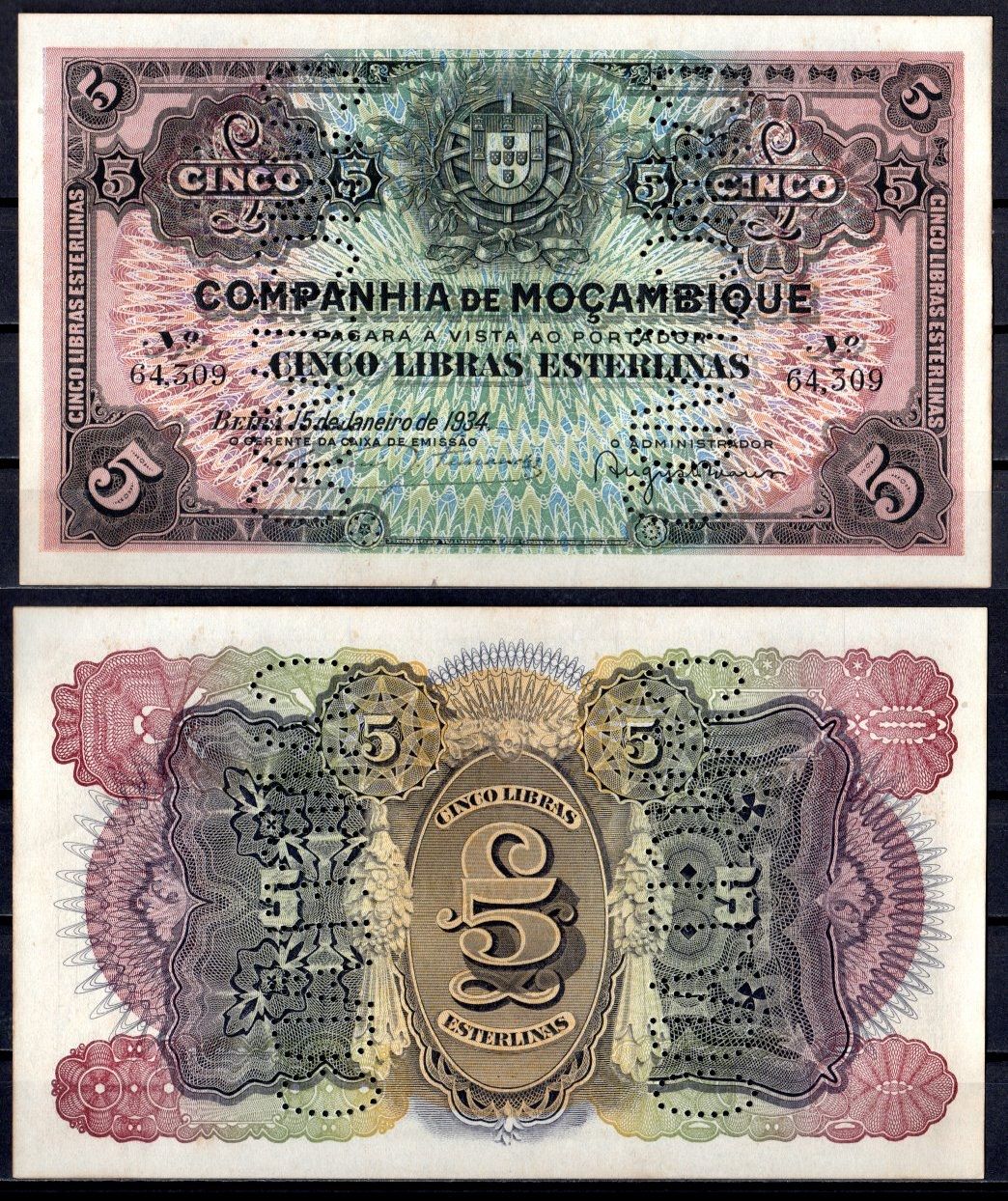 Мозамбик 5 либра 1934 Pick R32 бумага аUNC 7214-5-1-2