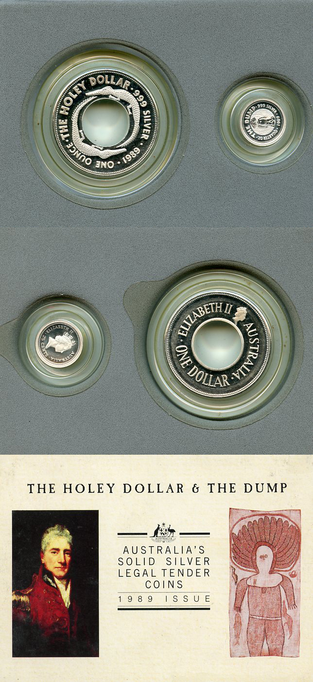 Австралия 1 доллар и 25 центов 1989 холи доллар (HOLEY), аборигенская культура, дырявый доллар, в оригинальной упаковке KM 131, 132 серебро  PROOF  1-6-4-17