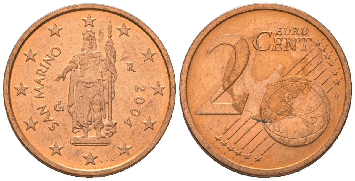 Сан-Марино 2 евроцента 2004 R KM 441 сталь плакированная медью aUNC 4618-668