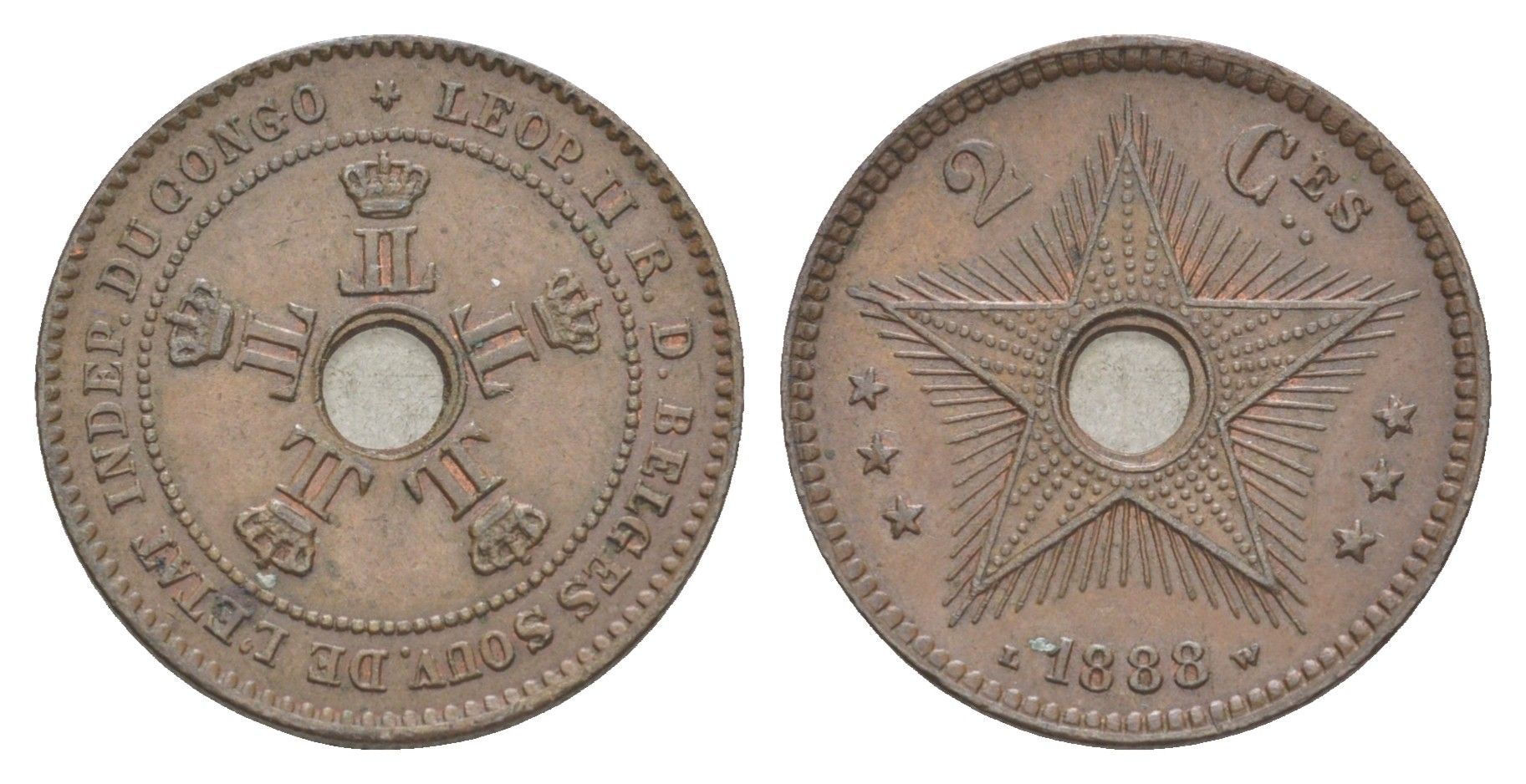 Бельгийское Конго 2 сантима 1888 Свободное государство Конго, Леопольд II (1865-1909) KM 2 медь 4127-431