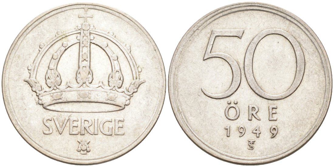 Швеция 50 эре 1949 TS, Густав V (1907-1950) KM 817 серебро 190-854