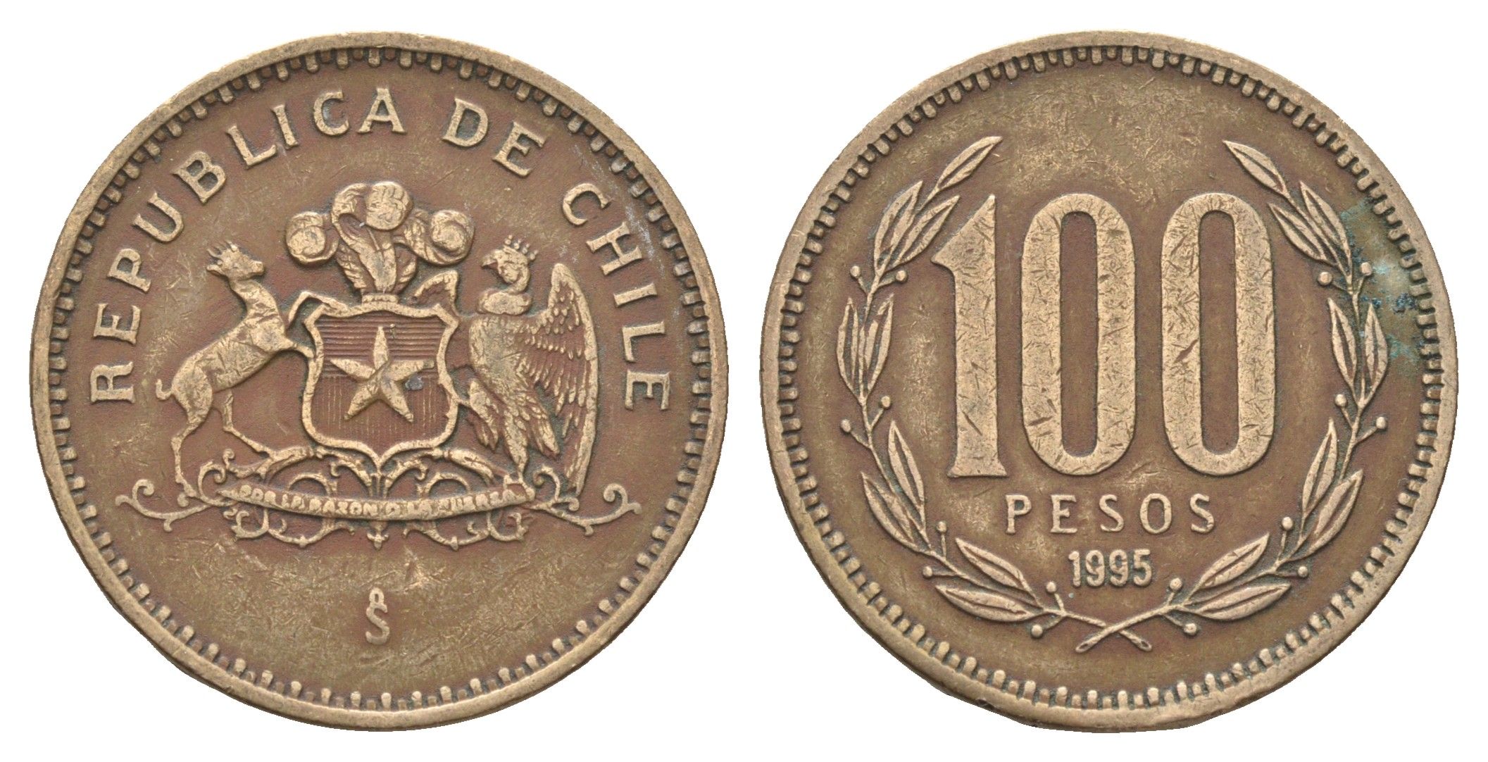 Чили 100 песо 1995 KM 226 алюминиевая бронза 4663-423