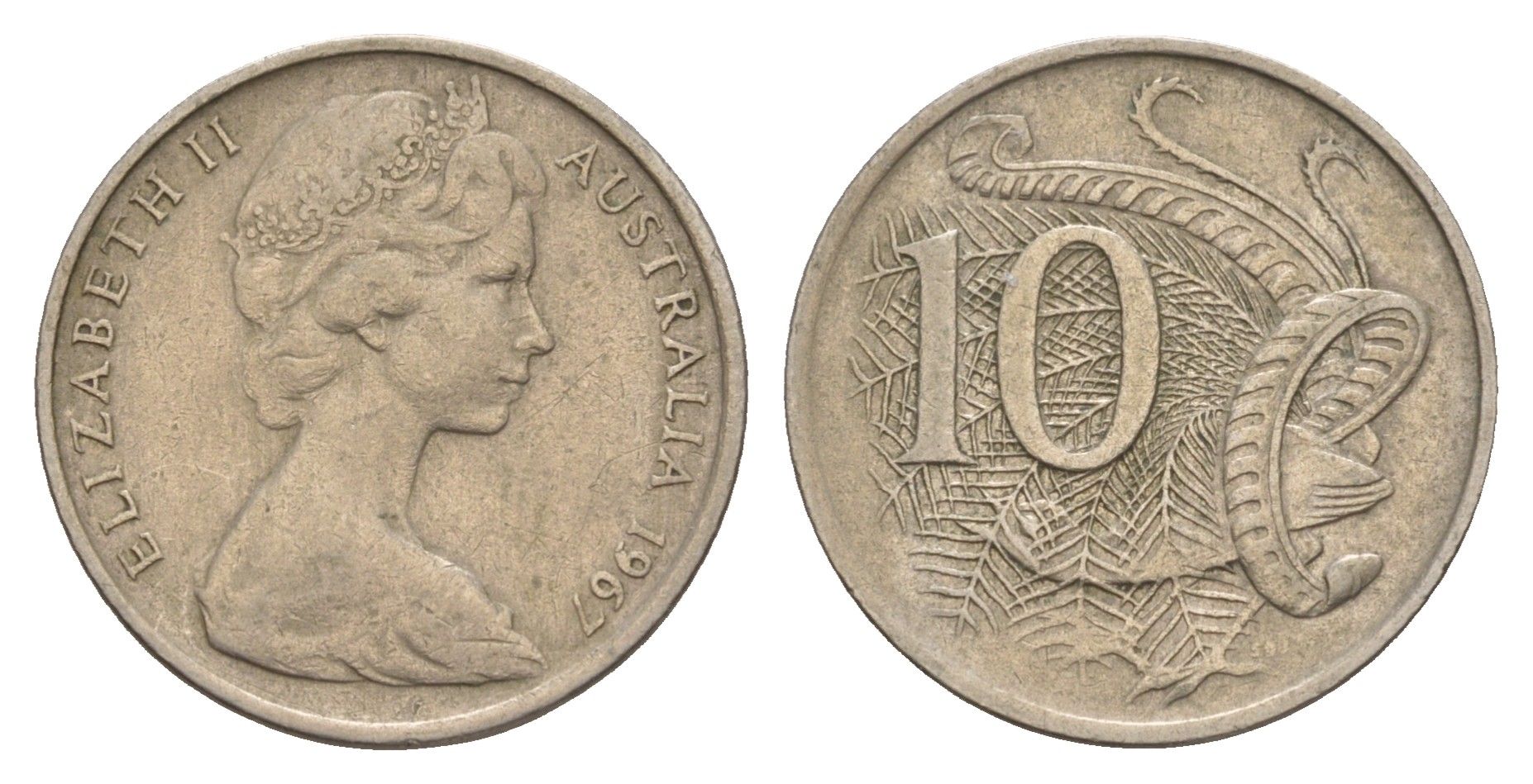 Австралия 10 центов 1967 Елизавета II (1952-2022), птица лирахвост KM 65 медно-никель 4657-134
