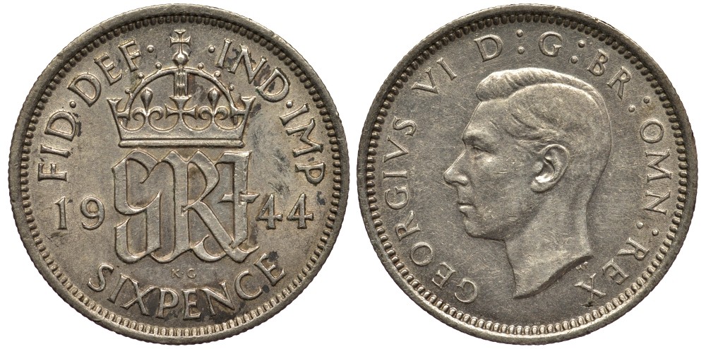 Великобритания 6 пенсов 1944 Георг VI (1936-1952) KM 852, Spink 4084 серебро 4538-534