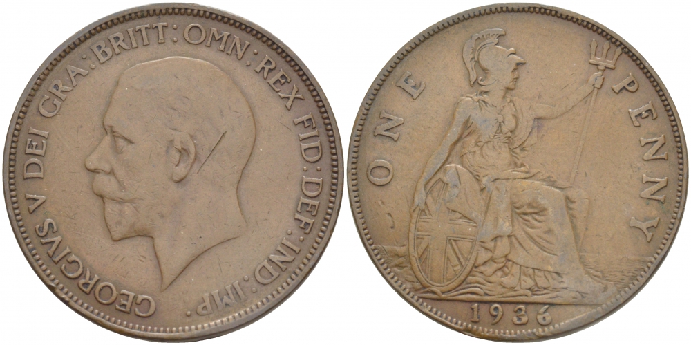 Великобритания 1 пенни 1936 Георг V (1910-1936) KM 838, Spink 4055 бронза 3996-143