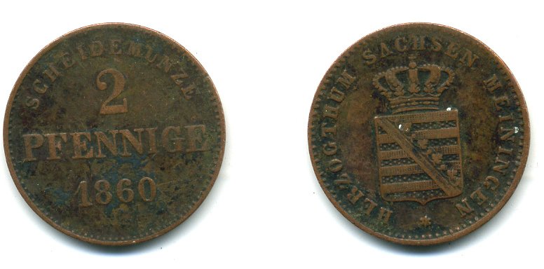 Саксен-Майнинген 2 ПФЕННИГА 1860 KM 171 медь 54-629