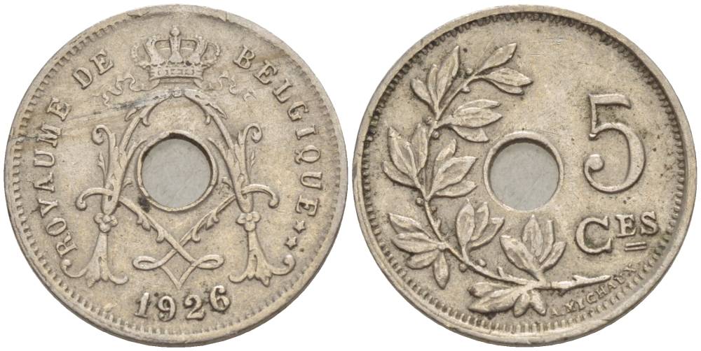 БЕЛЬГИЯ 5 САНТИМОВ 1926 BELGIQUE KM 66 медно-никель 4546-127