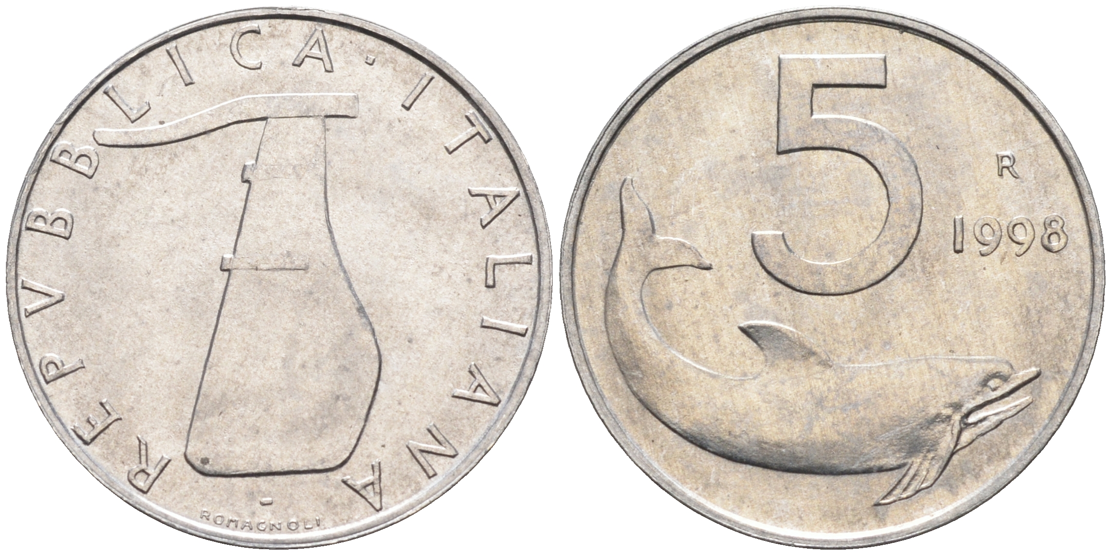 Италия 5 лир 1998 R, дельфин KM 92 алюминий  UNC  4594-1027