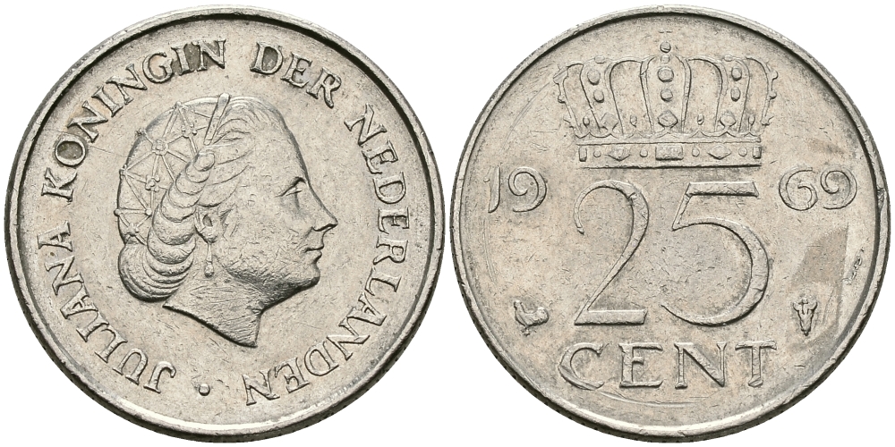 Нидерланды 25 центов 1969 Юлиана (1948-1980) KM 183 никель 96-215