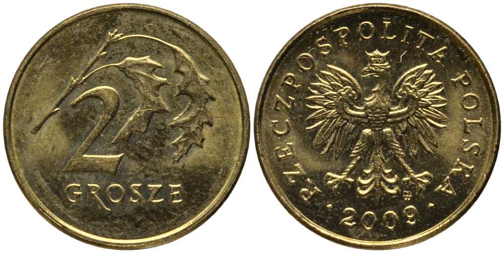 ПОЛЬША 2 ГРОША 2009 MW KM 277 латунь 201-421
