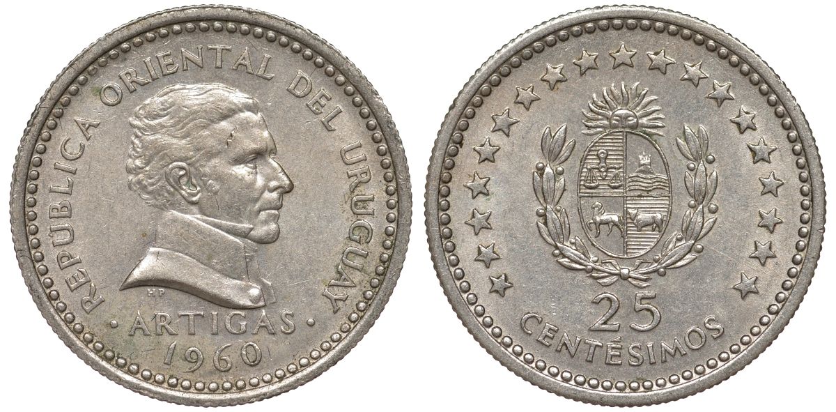 Уругвай 25 сентесимо 1960 KM 40 медно-никель 4580-1143