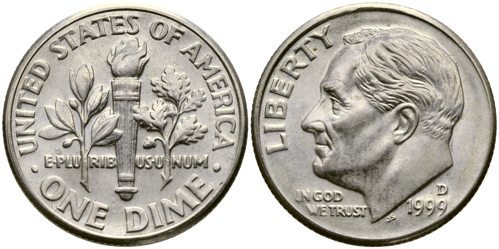 США 10 ЦЕНТОВ = 1 ДАЙМ 1999 D, РУЗВЕЛЬТ KM 195а медь плакированная медно-никелем 46-1038