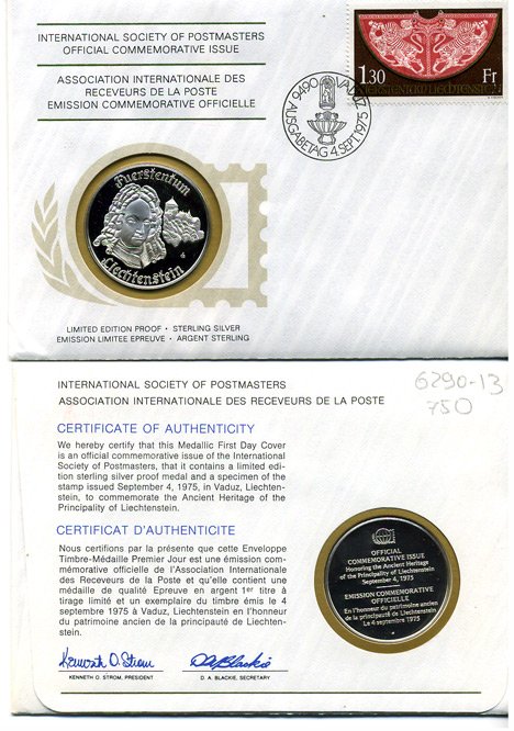 ЛИХТЕНШТЕЙН МЕДАЛЬ С КОВЕРТОМ СПЕЦГАШЕНИЯ И МАРКОЙ 1975 ГЕРЦОГ 6290-13