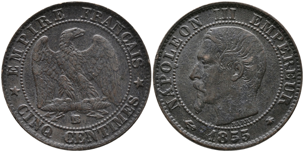Франция 5 сантимов 1855 BB, Наполеон III (1852-1870) KM 777.3, LE FRANC 116.21 бронза 28-912