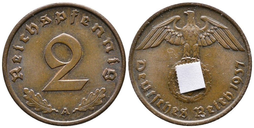 ГЕРМАНИЯ 2 РЕЙХСПФЕННИГА 1937 A KM 90, J. 362 бронза 24-747