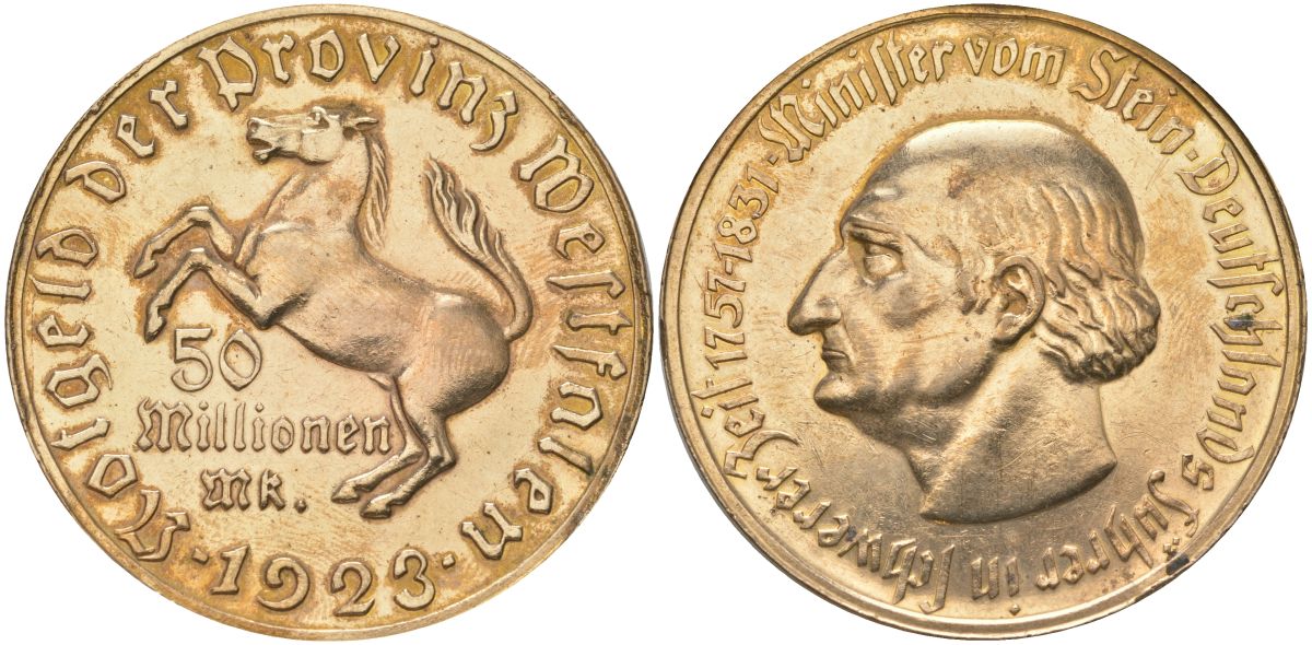 Вестфалия 50000000 марок 1923 Funck 645.12A,  J N23a, Men18 33512.30 томпак плакированный золотом 11-170-22