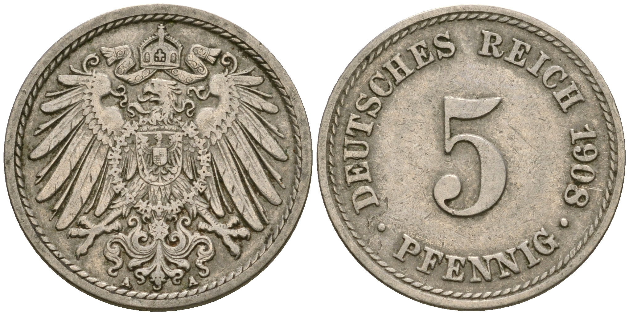 Германия 5 пфеннигов 1908 A KM 11, Jager 12, Weege 6 медно-никель 4364-4553