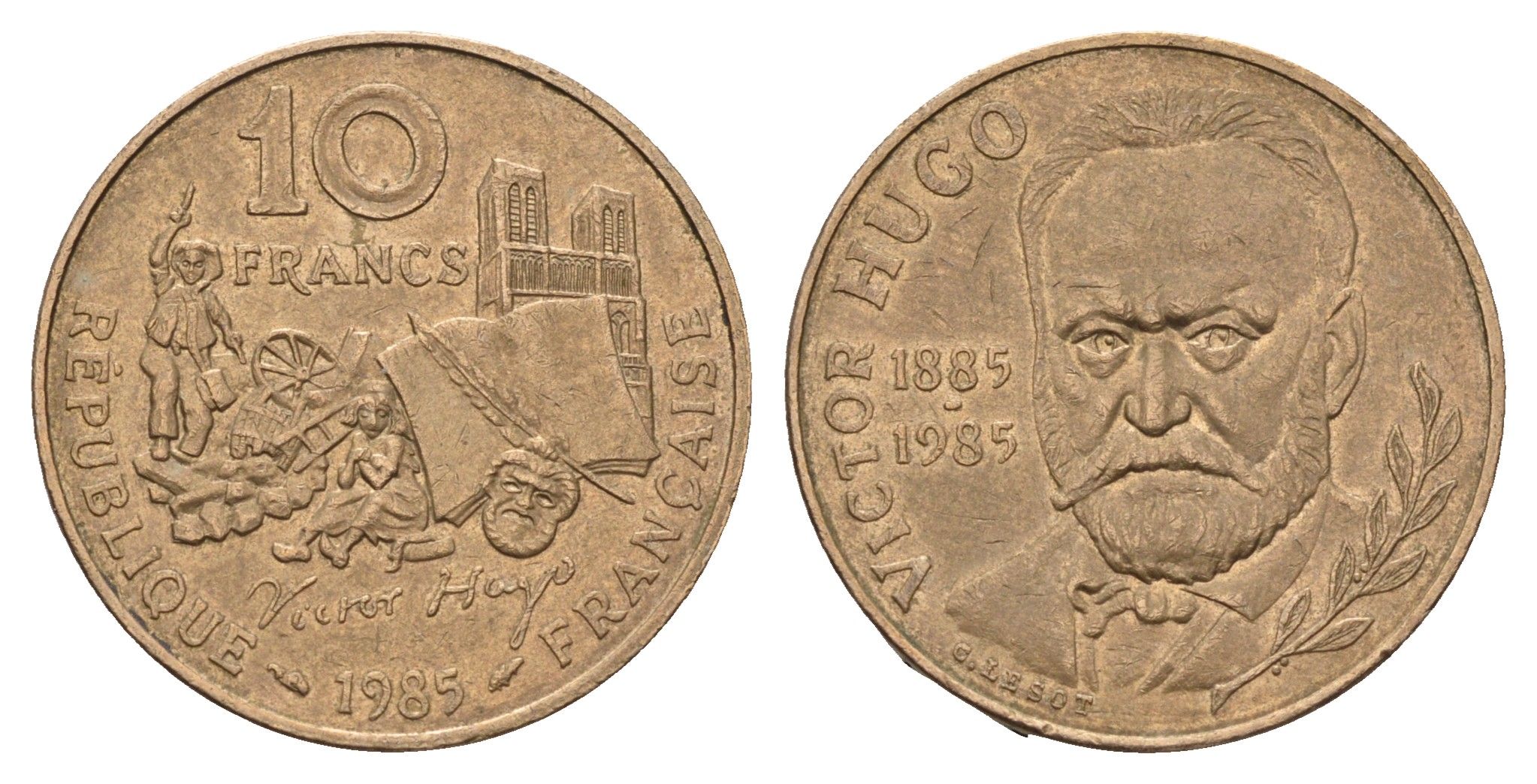 Франция 10 франков 1985 100 лет со дня смерти Виктора Гюго KM 956 никель латунь 4118-632